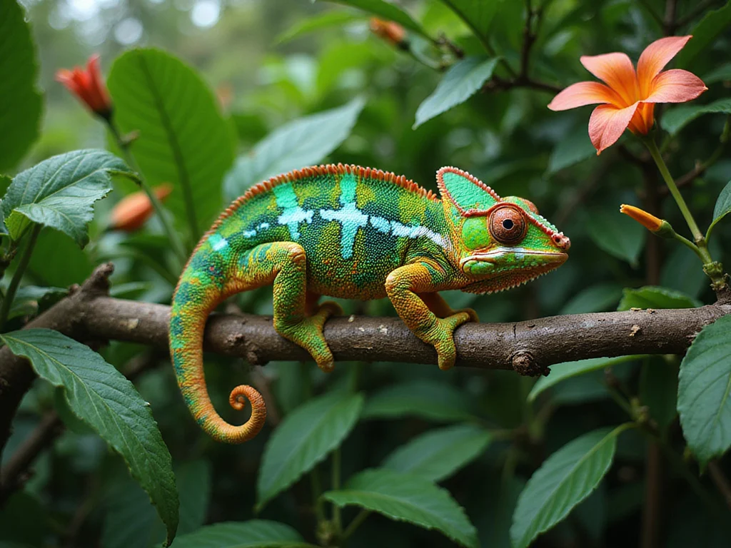 Vibrant chameleon on branch in lush green environment