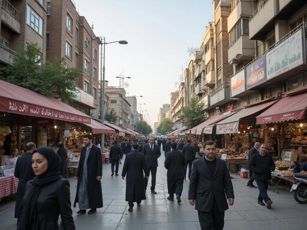 Urban city life in Tehran, Iran with significant landmarks
