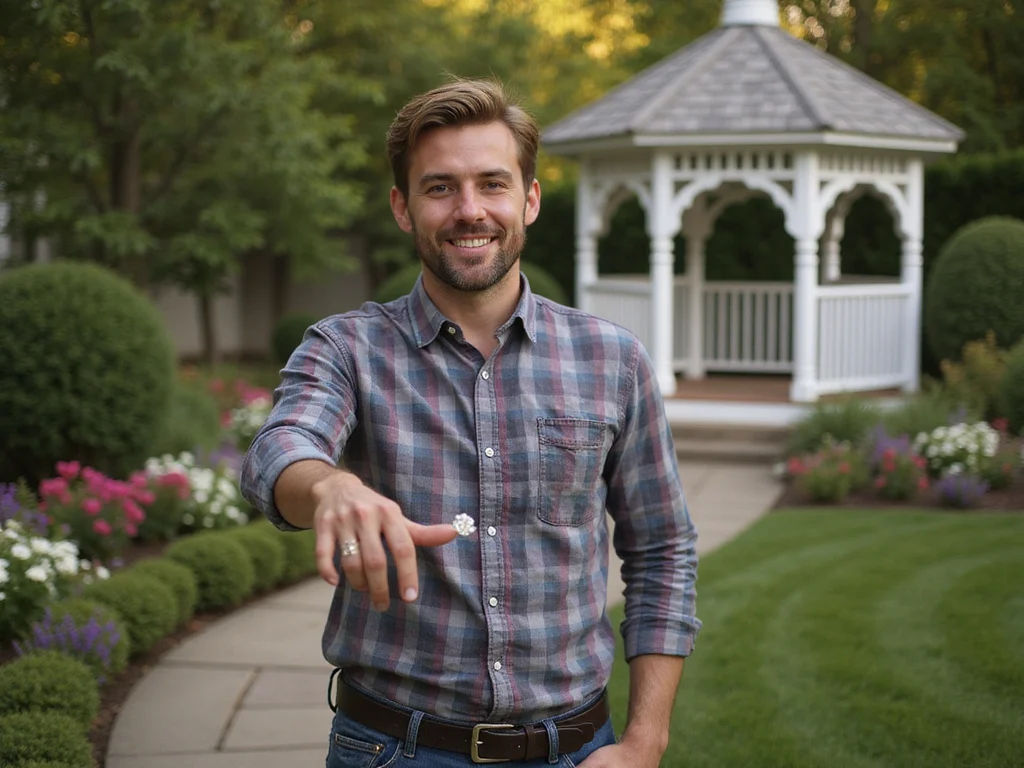 Man holding diamond engagement ring in romantic western garden setting