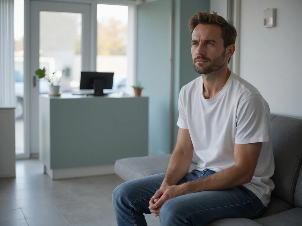 Adult male awaiting general sperm test in medical facility