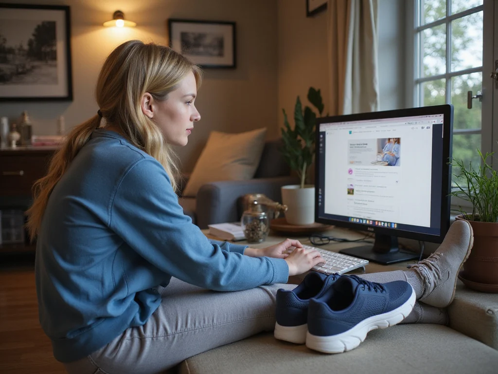 Shopping for Hoka shoes online in a cozy indoor setting