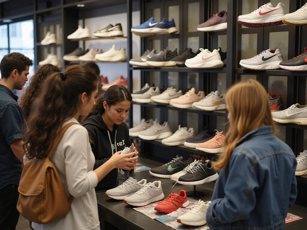 Young adult browsing Hoka shoes in a modern store