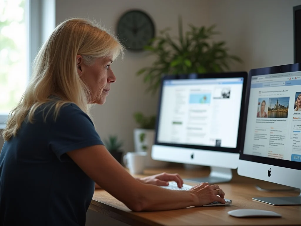 Middle-aged individual researching איפה כדאי לקנות פורינט הונגרי online.