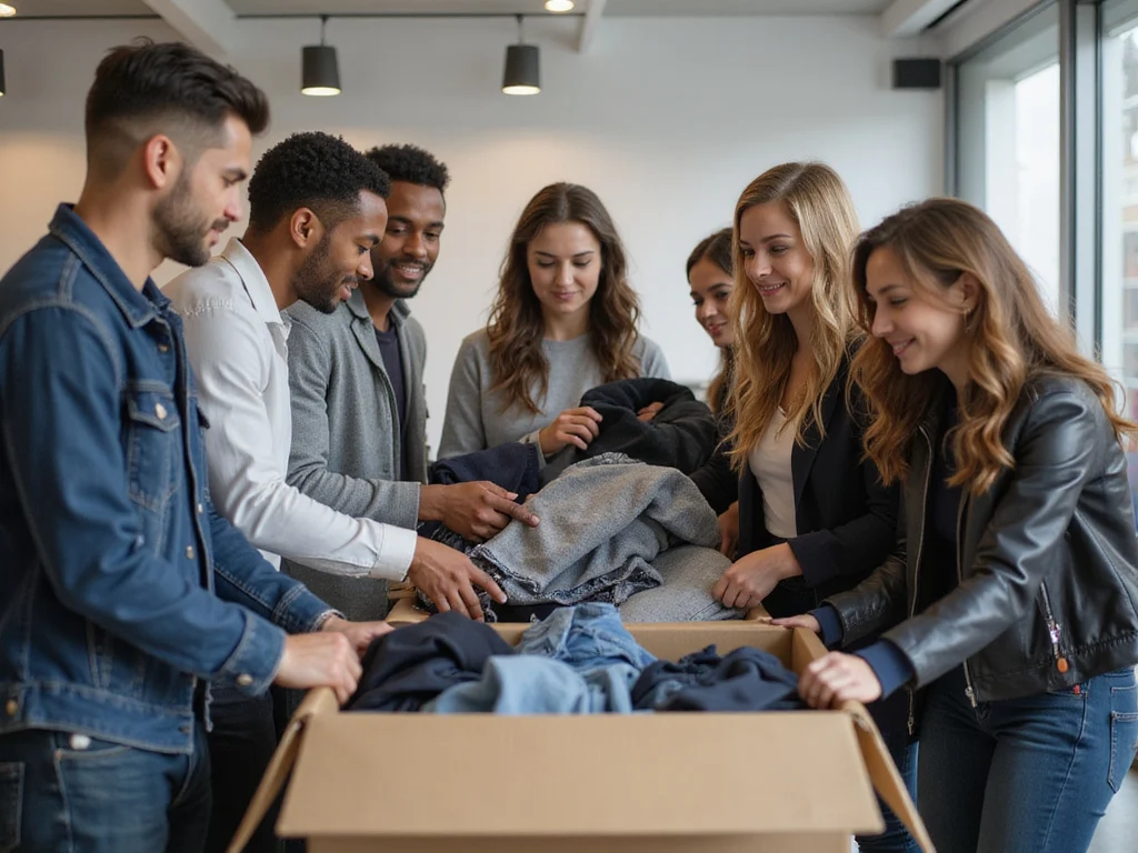 Diverse group donating clothes in a modern urban environment