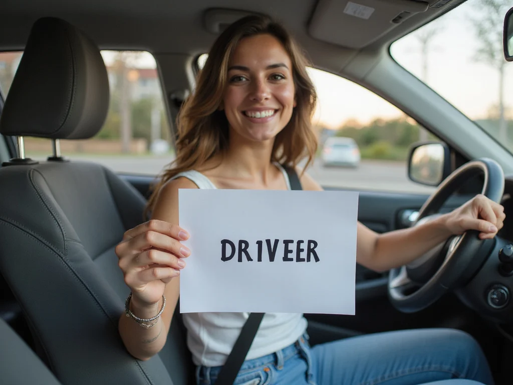 Caucasian man hanging brand new driver's sign, feeling accomplished