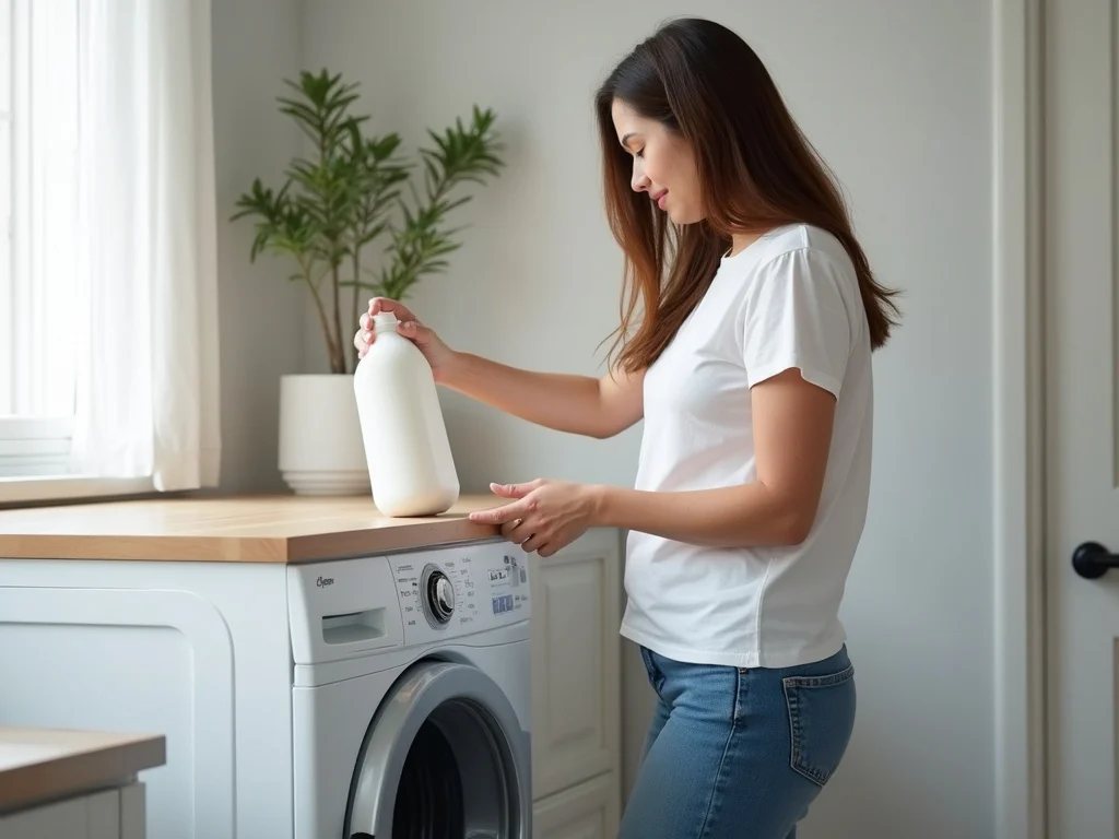 Caucasian adult pouring fabric softener איפה שמים את המרכך כביסה into washing machine