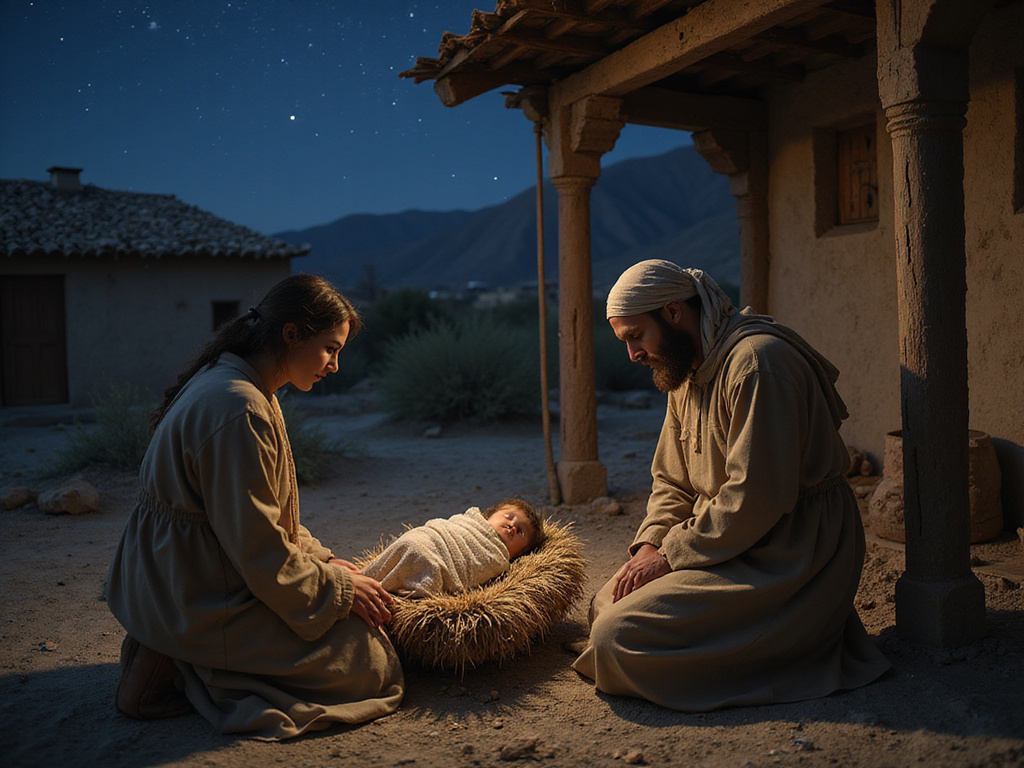 Nativity scene depicting Jesus's birth in a Middle Eastern town