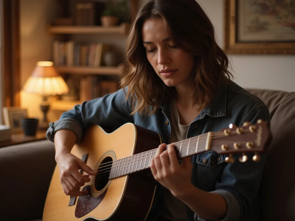 Western person learning איפה היית אקורדים on guitar at home