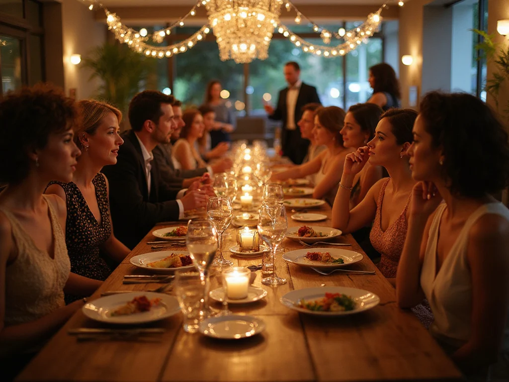 Modern western-style dinner party in a lively and elegant setting