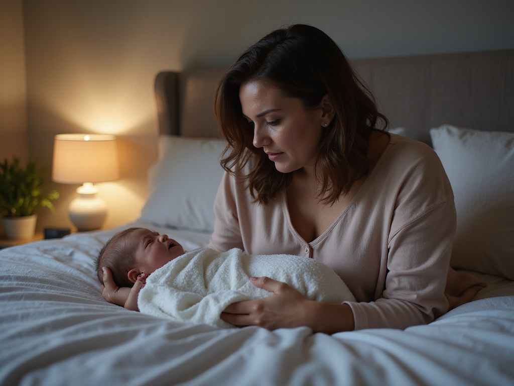 Mother soothing crying newborn baby at night in bedroom