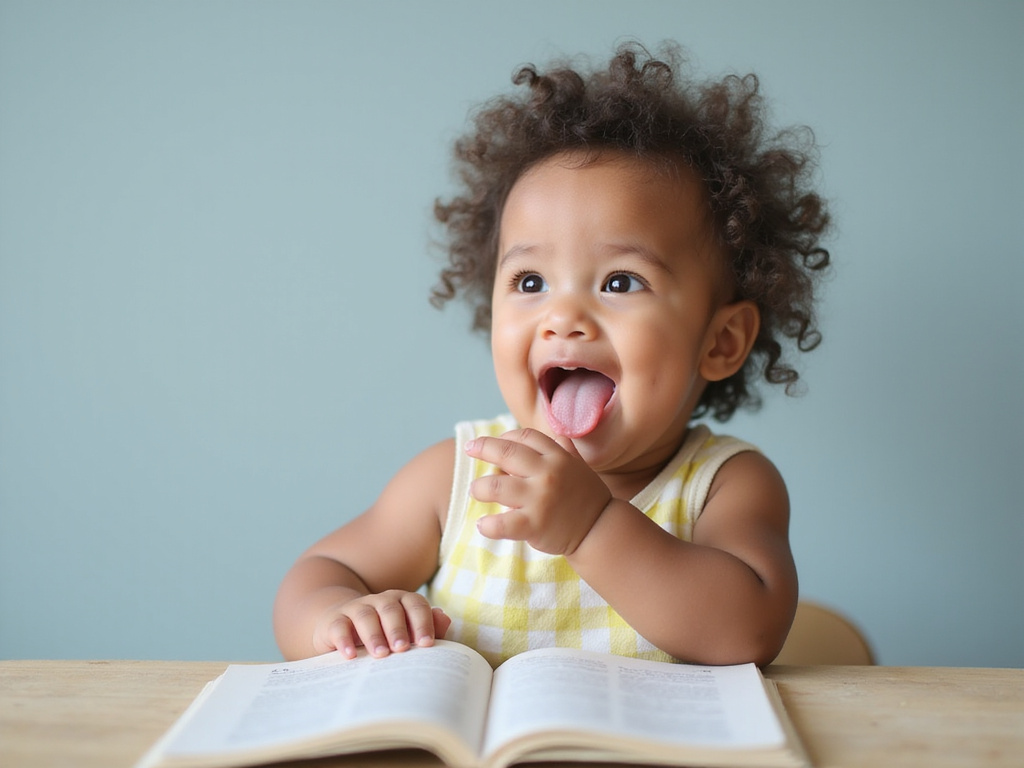 Curious western baby sticking out tongue for learning purposes