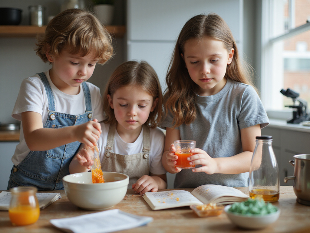 Western children learning science in a contemporary kitchen