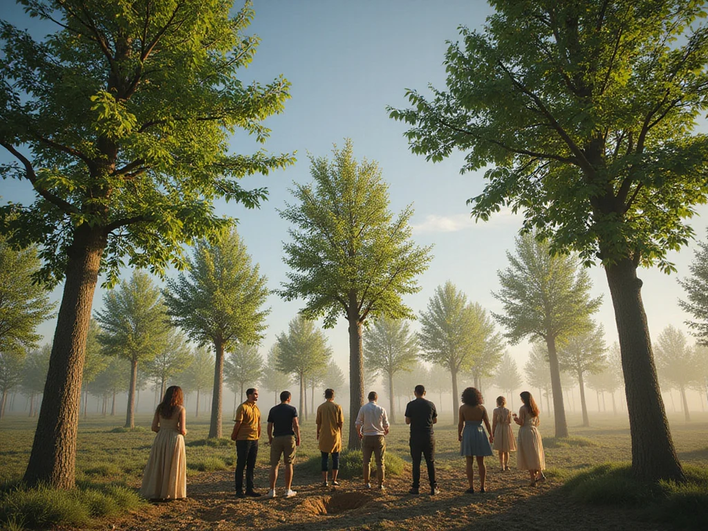Spiritual Tu BiShvat celebration with diverse group planting trees