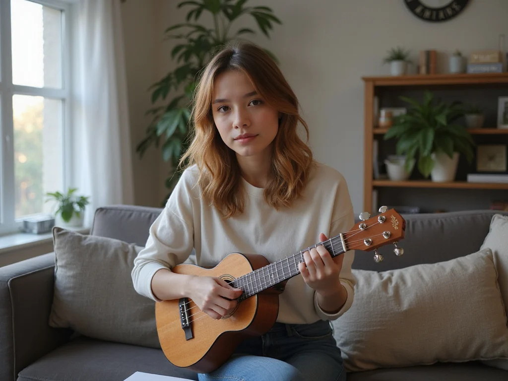 Young adult learning ukulele chords in relaxed indoor setting