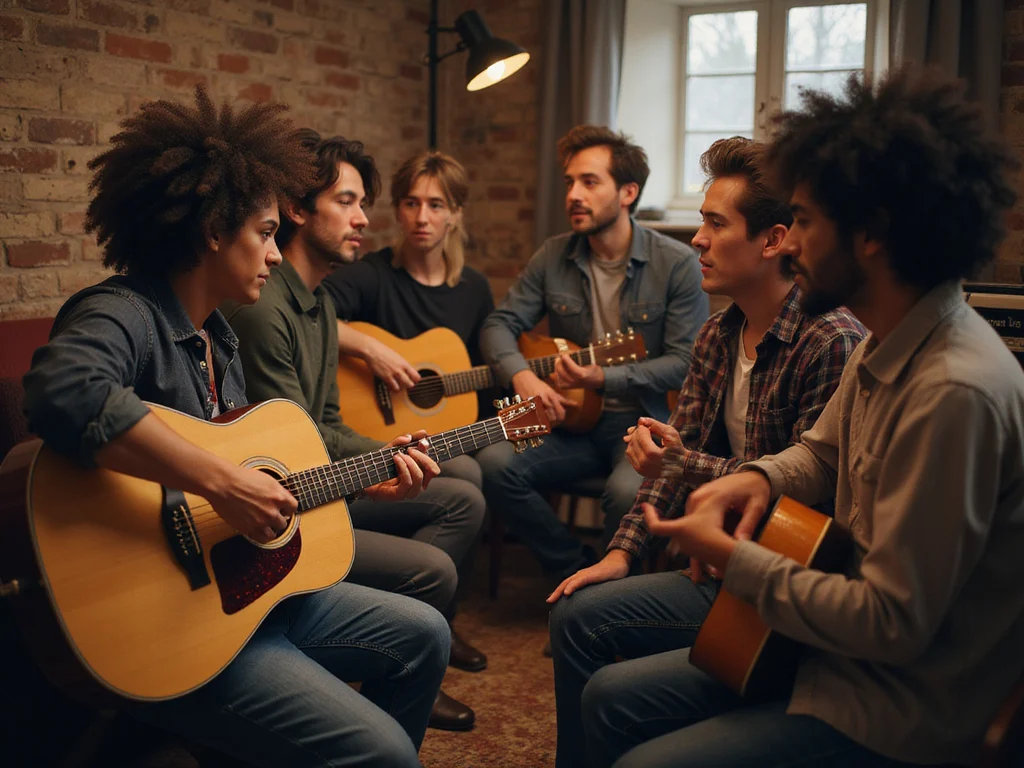 Diverse musicians discussing למה את אקורדים in a studio