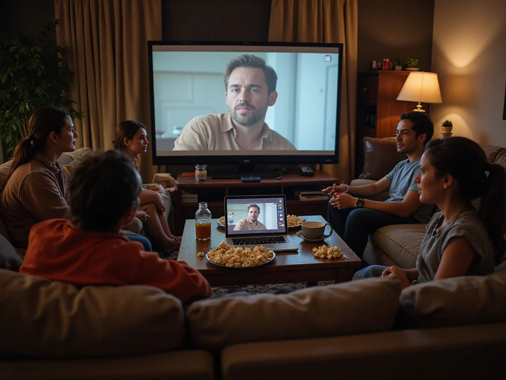 Diverse adults watching global cinema stream from computer at home