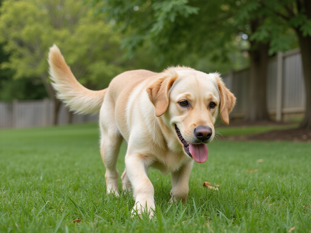 Golden retriever eating grass in a lush green park, questioning למה כלבים אוכלים דשא