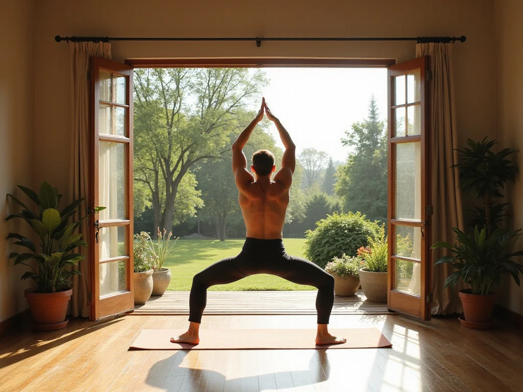 Person doing Warrior Pose yoga posture in home workout room