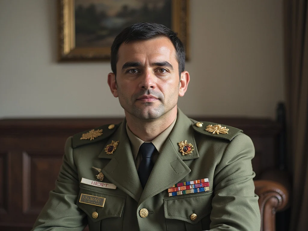 Stylized image of Yoav Galant in military uniform during Q&A session
