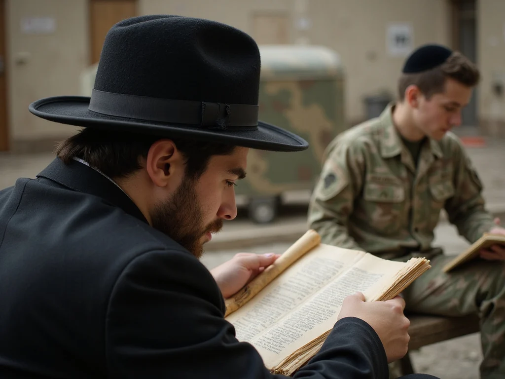 Hasidic man studying Torah with military elements in background