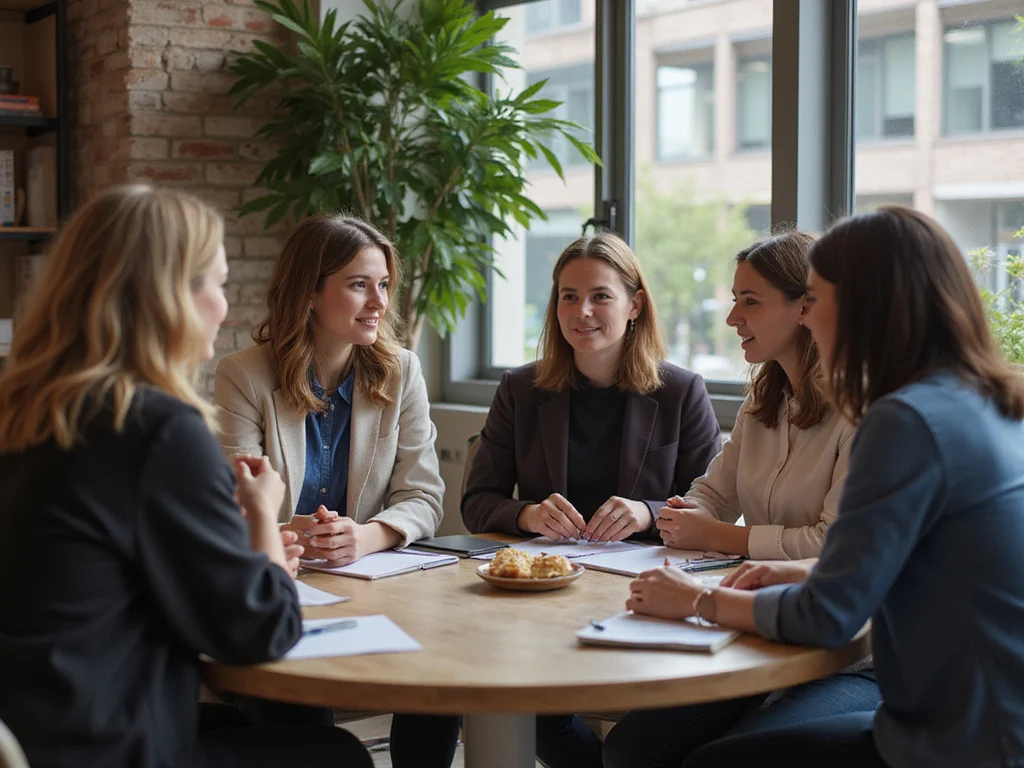 Diverse group discussing למה דווקא אני טקסט around a coffee table