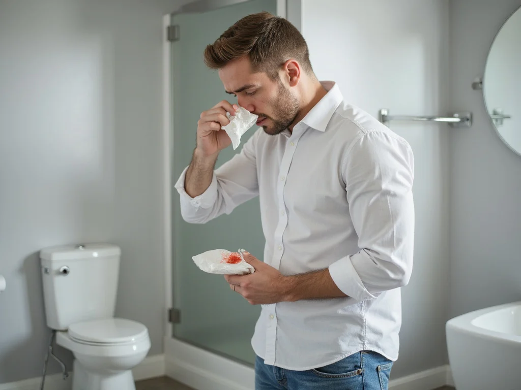 Adult male cleaning spontaneous nosebleed in modern bathroom