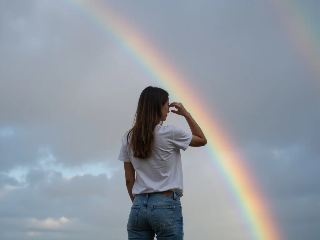 Brunette in casual outfit gazing upwards under cloudy skies, representing למה אסור להסתכל על קשת בענן.
