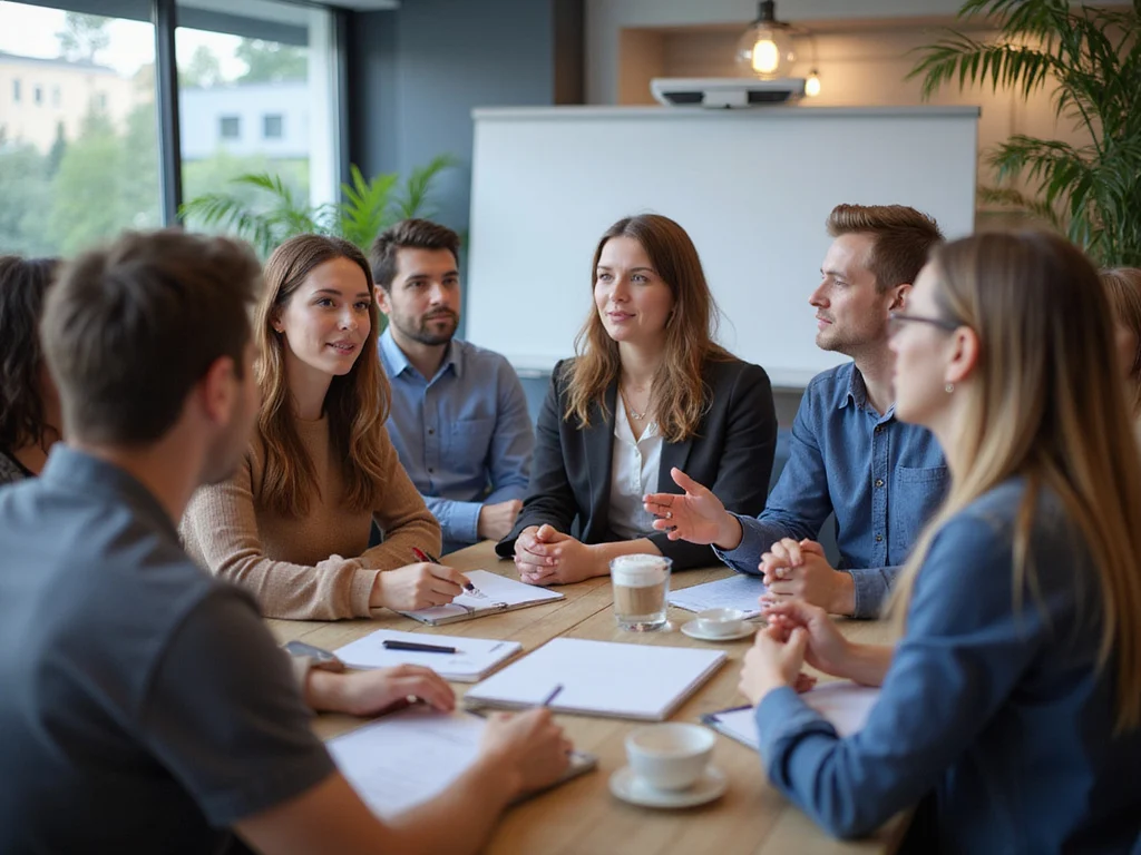 Diverse group engaged in lively Q&A session in modern meeting room