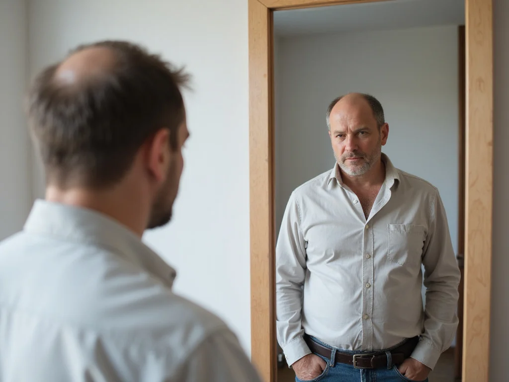 Middle-aged man contemplating male pattern baldness in mirror