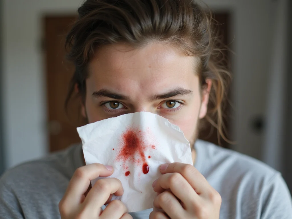 Concerned adult examining blood on tissue, symbolizing nosebleed