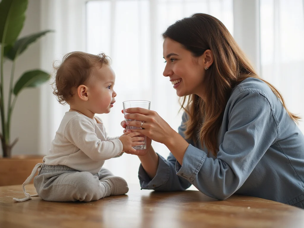 Adult trying to give water to a refusing baby in homey atmosphere