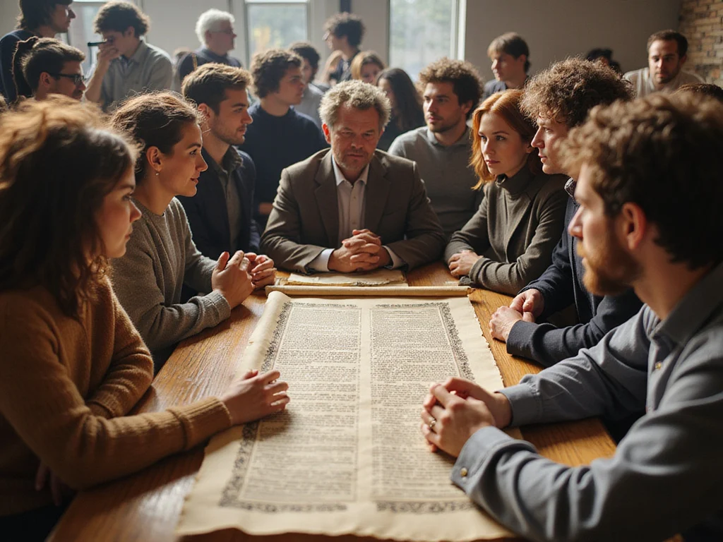Diverse group discussing Jewish dietary law, hinting at למה חזיר לא כשר