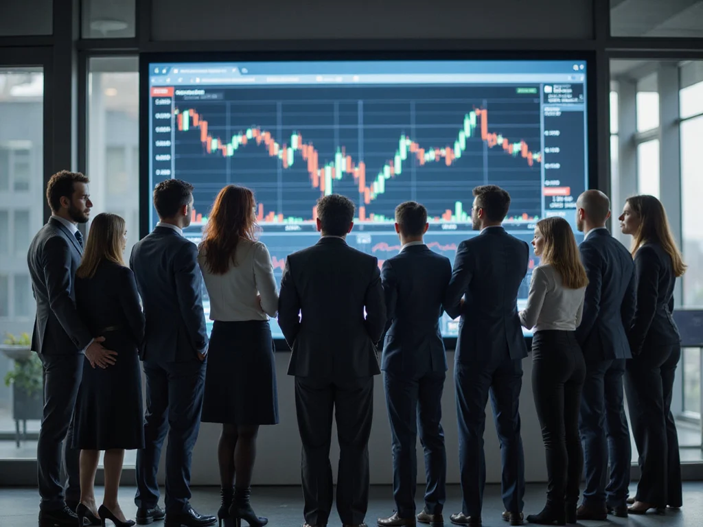 Diverse group reacting to stock market crash in modern office