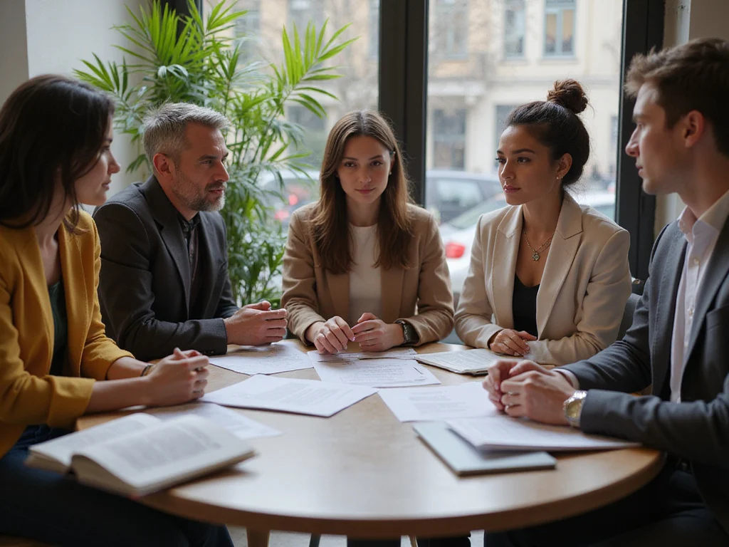 Diverse-group discussing passionately around circular table in Q&A session