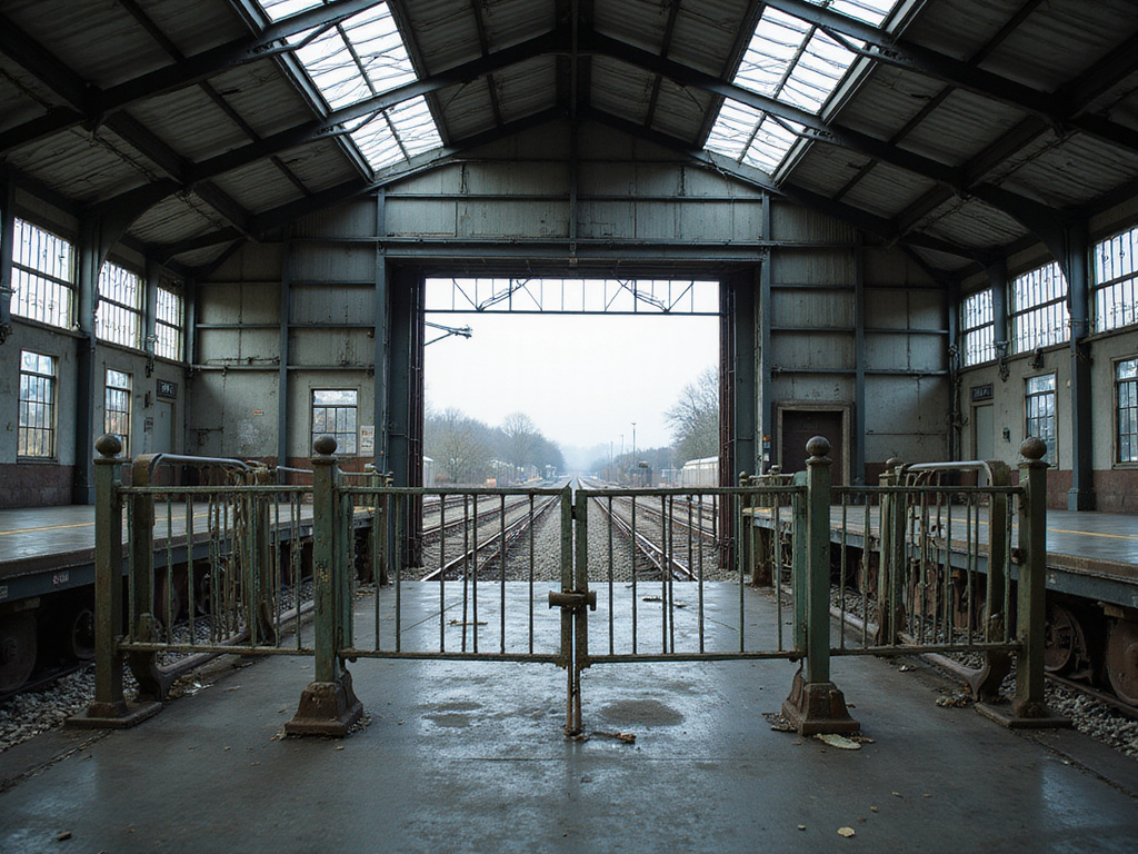 Empty salt train station with locked gate and idle trains