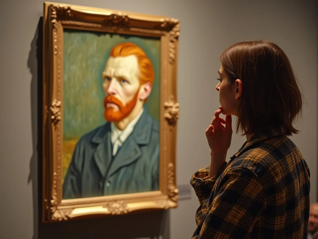 Person contemplating Van Gogh's self-portrait with cut ear in gallery