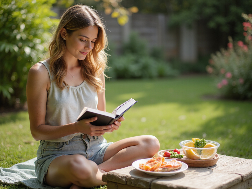 Individual in sun reading nutrition book with vitamin D rich foods