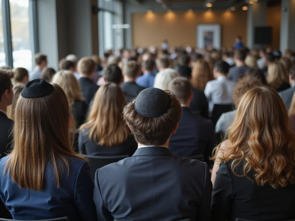 Diverse crowd in Q&A session with some individuals wearing Kippahs