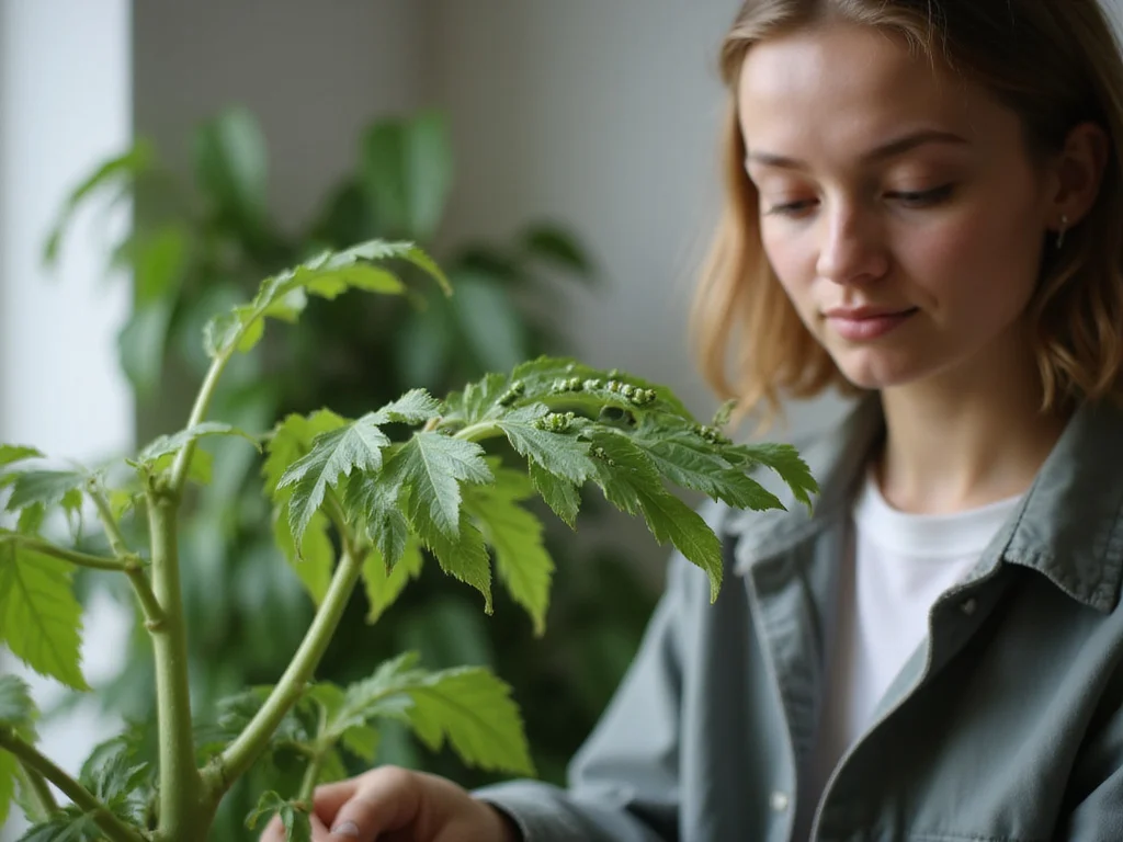 Person examining caterpillars on houseplant leaves in domestic setting