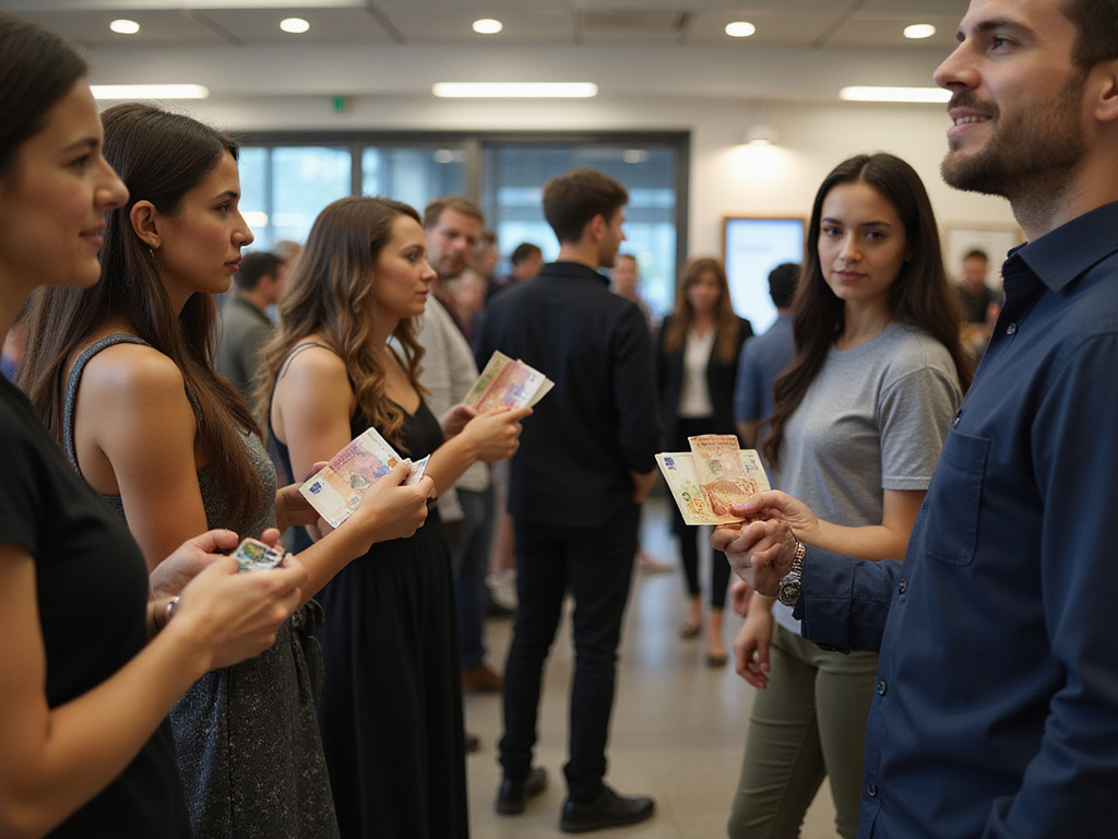Diverse audience in line at foreign exchange, focusing on Euro rate